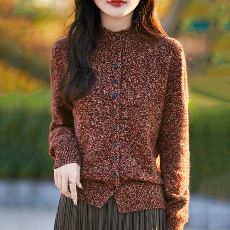 Heathered Wool Long Sleeve Rolled Edge Cardigan Sweater with Semi-High Neck 