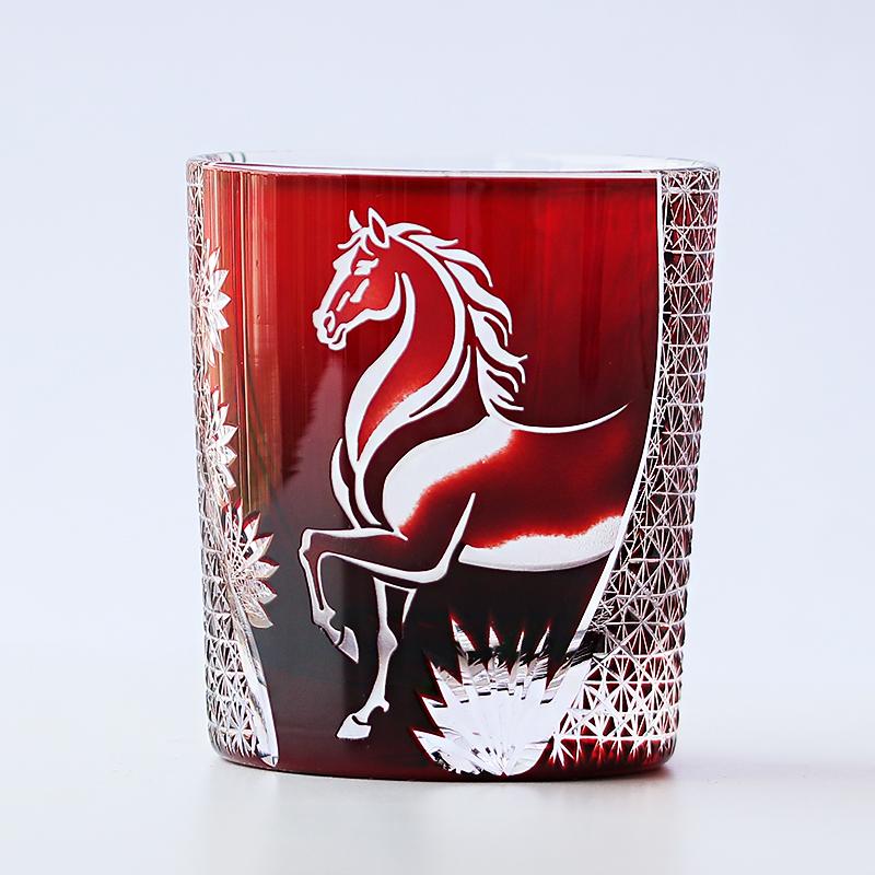Edo Kiriko Japanese Crystal Whisky Glass - Hand Cut Horse Pattern for New Year 2026, Traditional Old Fashioned Tumbler 201-300ml красный