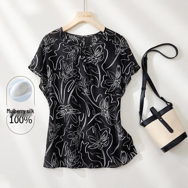 Jinju Women s 100% Mulberry Silk Floral Ruffle T-shirt XL