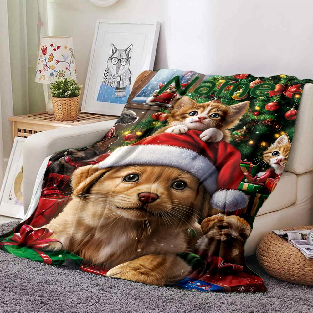 Custom Name Christmas Dog Theme Printed Blanket - Perfect for Couch, Bed, Travel & Outdoor Use | Machine Washable, Cozy & Durable.