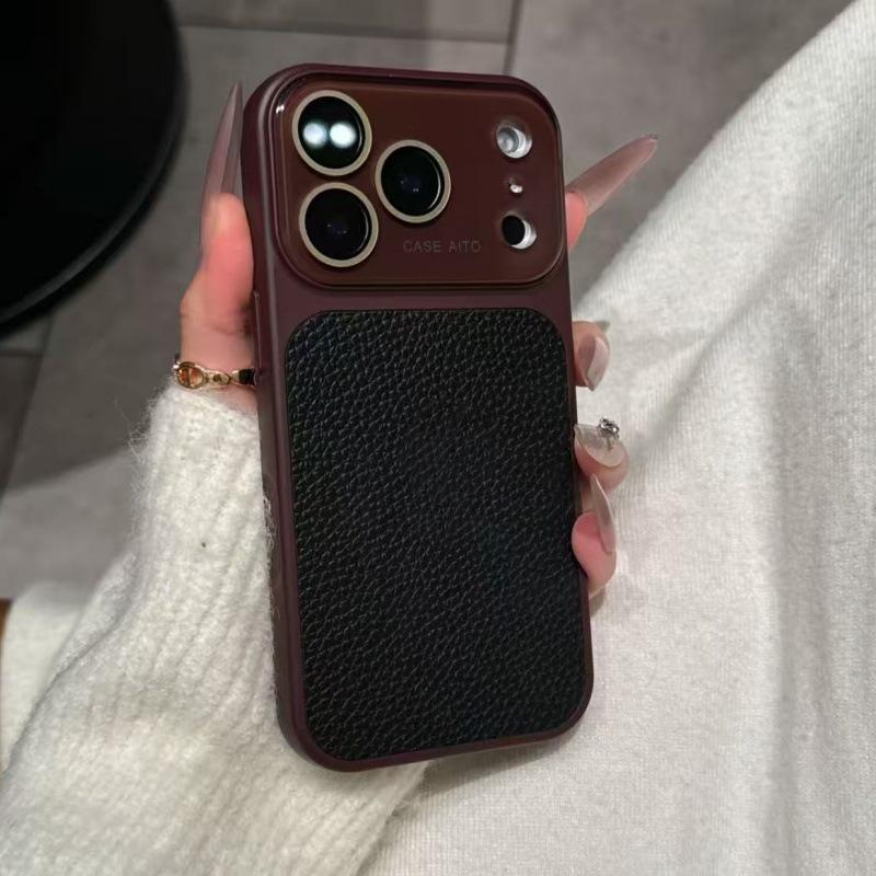 Leather Texture Drop-Proof Case for iPhone 14/15/16/17 Pro Max - Solid Color Design.