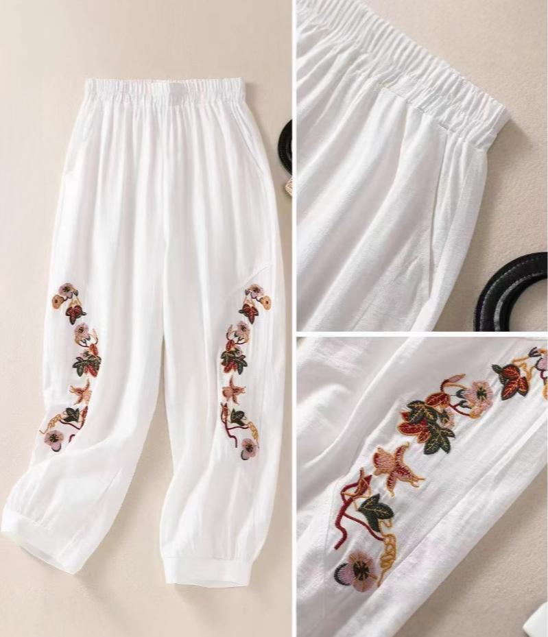 Summer Flower Embroidery Cotton Linen Harem Pants Women Bottoms Casual Vintage Pocket Lantern Ankle-Length Pants