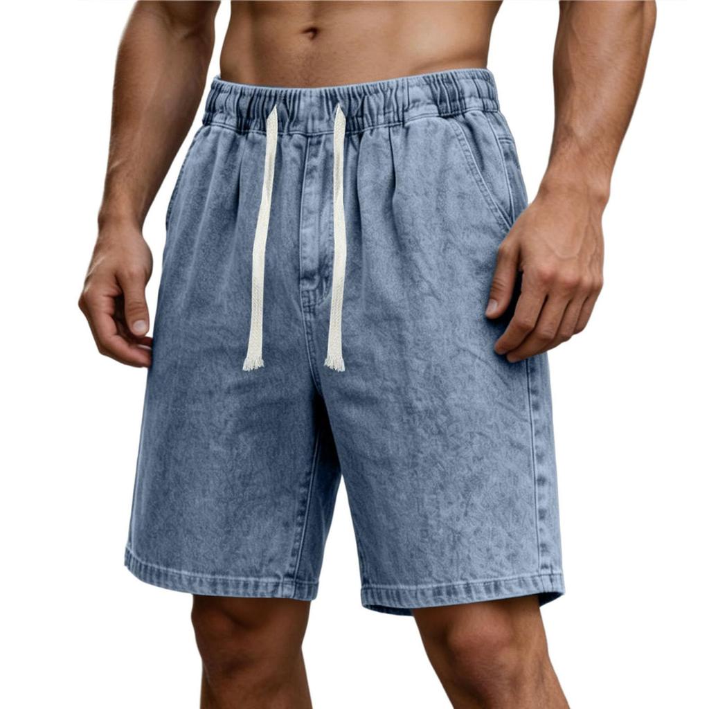 Men's Casual Elastic Waist Outdoor Sports Denim Shorts with Drawstring Relaxed Fit Lightweight Fabric Comfortable Design