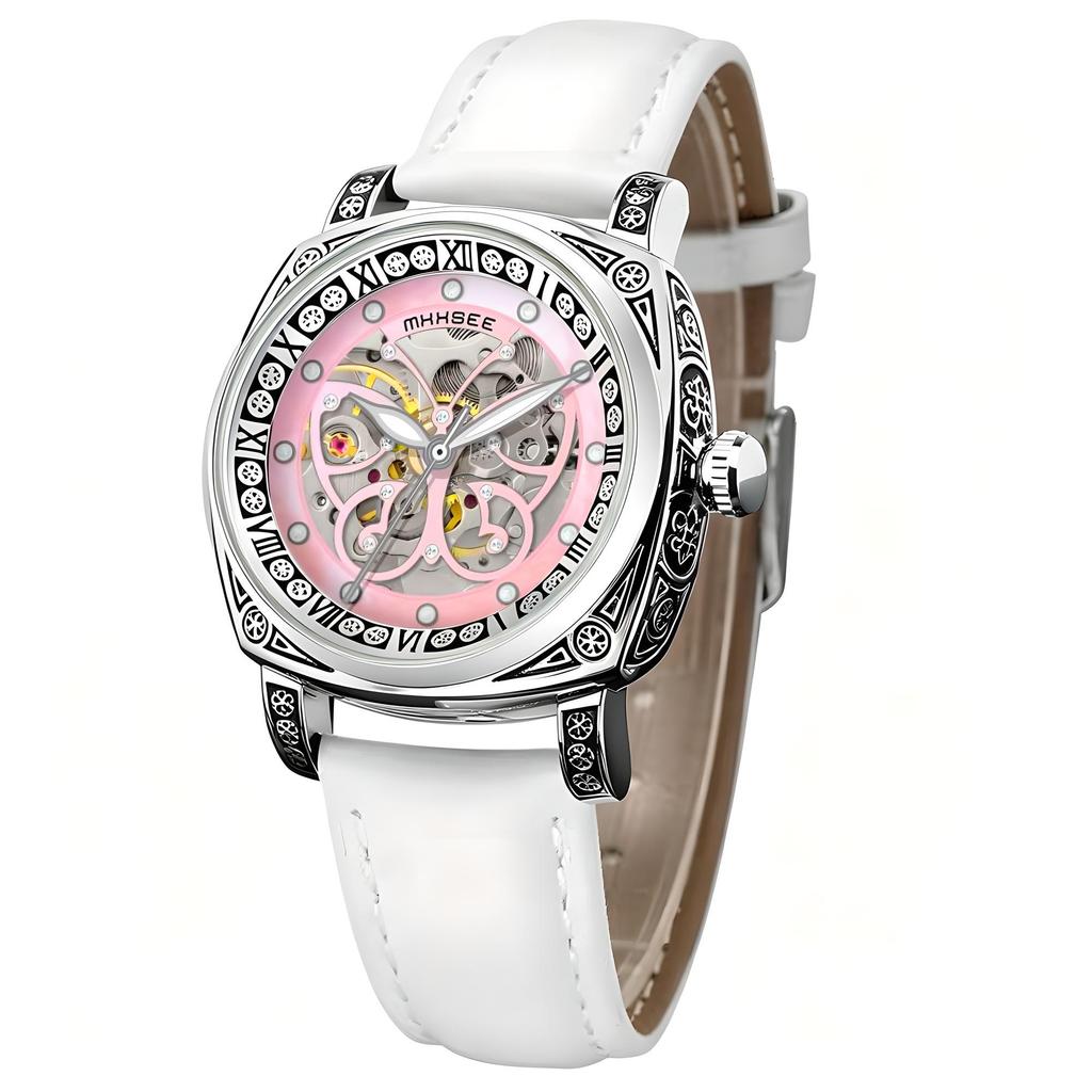 Automatic Mechanical Watch for Women Hollow‑Out Skeleton Dial Luminous Hands Watch Leather Band Waterproof