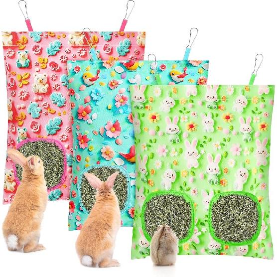 UP 3Pcs Hay Bag for Rabbits - 2-Hole Guinea Pig Hanging Hay Feeder for Rabbits, Chinchillas, Hamsters & Small Pets