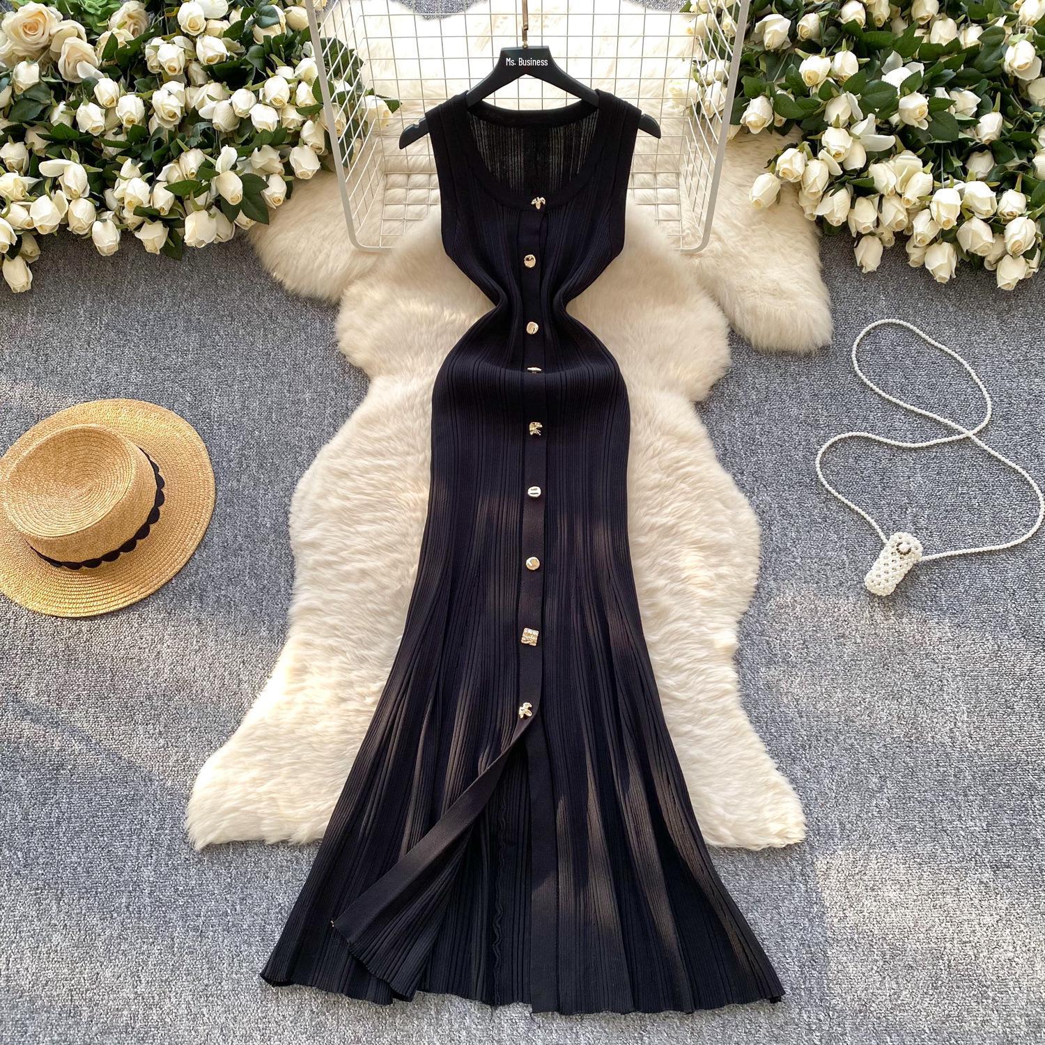 Summer Knit U-Neck Sleeveless Bodycon Dress with Button-Up Split Skirt - S2026 Extra Large