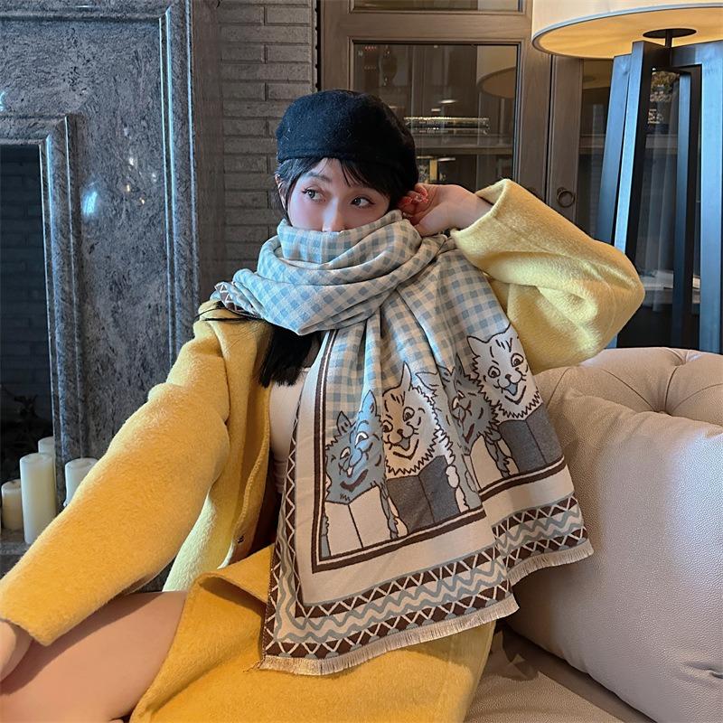New Cat Imitation Cashmere Scarf Women's Winter Double-sided Plaid Warm Scarf Shawl with Light Luxury