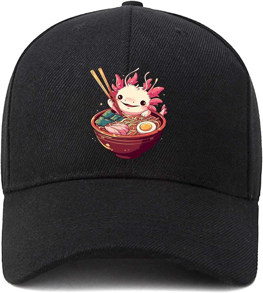 Cute Axolotl Ramen Bowl Graphic Baseball Cap Unisex Adjustable Polyester Outdoor Casual Cap