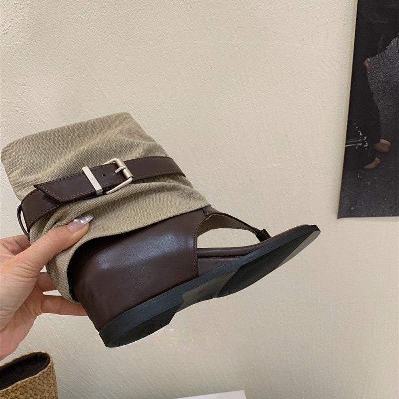 Retro Hong Kong style summer fashion cool boots casual belt buckle toe versatile short boots wedge heel shoes