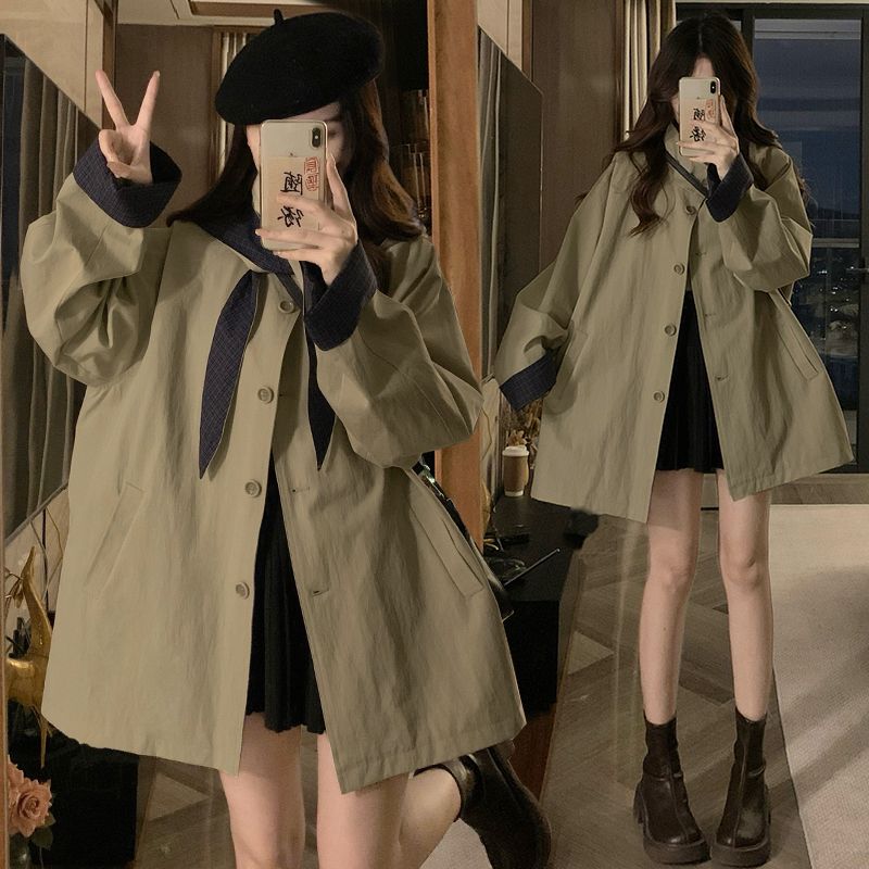 

Kumikumi Design Sense Retro Plaid Patchwork Hood Long sleeve Trench coat Outerwear Women Autumn Loose All-Match Top Detachable khakis hat 2XL
