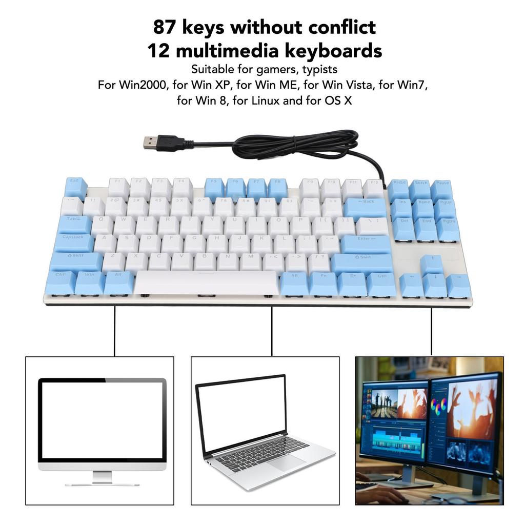 Mechanical Keyboard 87 Keys Blue Ergonomic Multicolor Backlight Design Gaming Keyboard for Typists