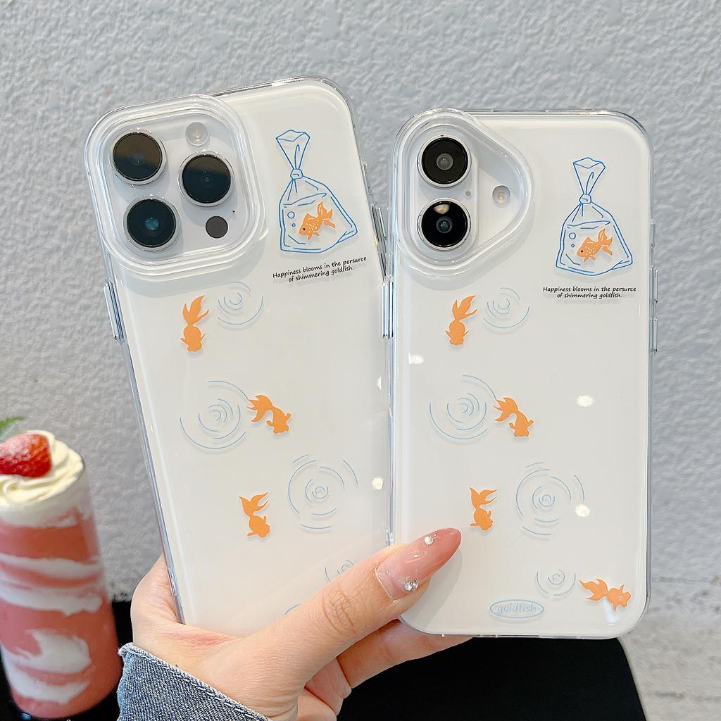 Cute Goldfish Water Ripples IMD Phone Case for iPhone 13 14 15 16 Pro Max Jelly Shell Cover Creative Fish Pendant Girly Gifts