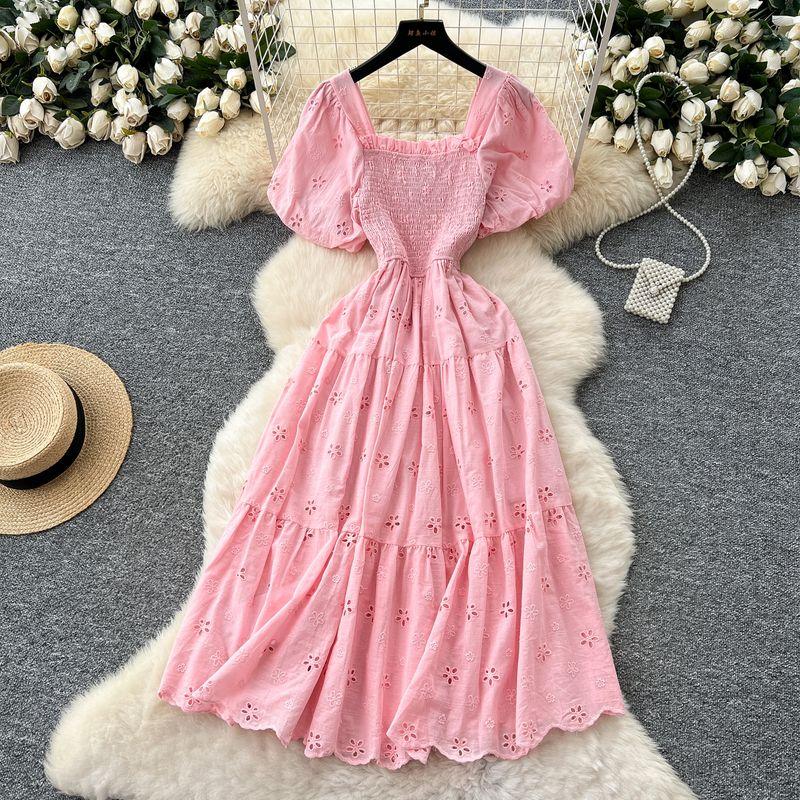 French style Gentle Chic Square Collar Puff sleeve Hollow Embroidery Dress Women Summer Waist Hugging Slimming A Word First Love Skirt