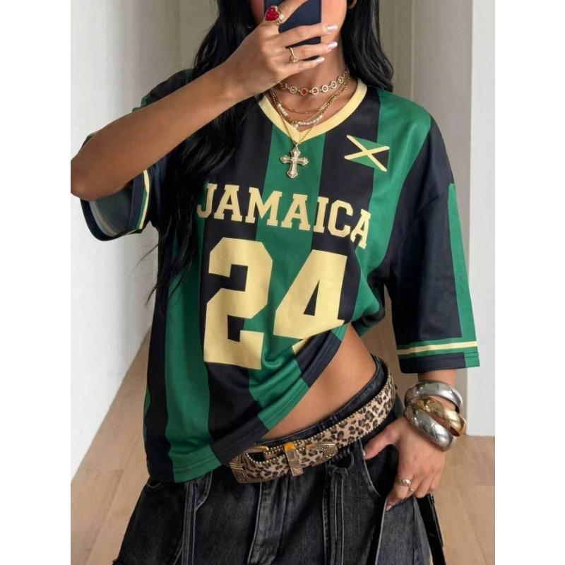 Loose-Fit Top Green Black Women s Jersey Striped T-Shirt Summer Casual JAMAICA Style 3D Print Short Sleeve Tops Tee Streetwear L