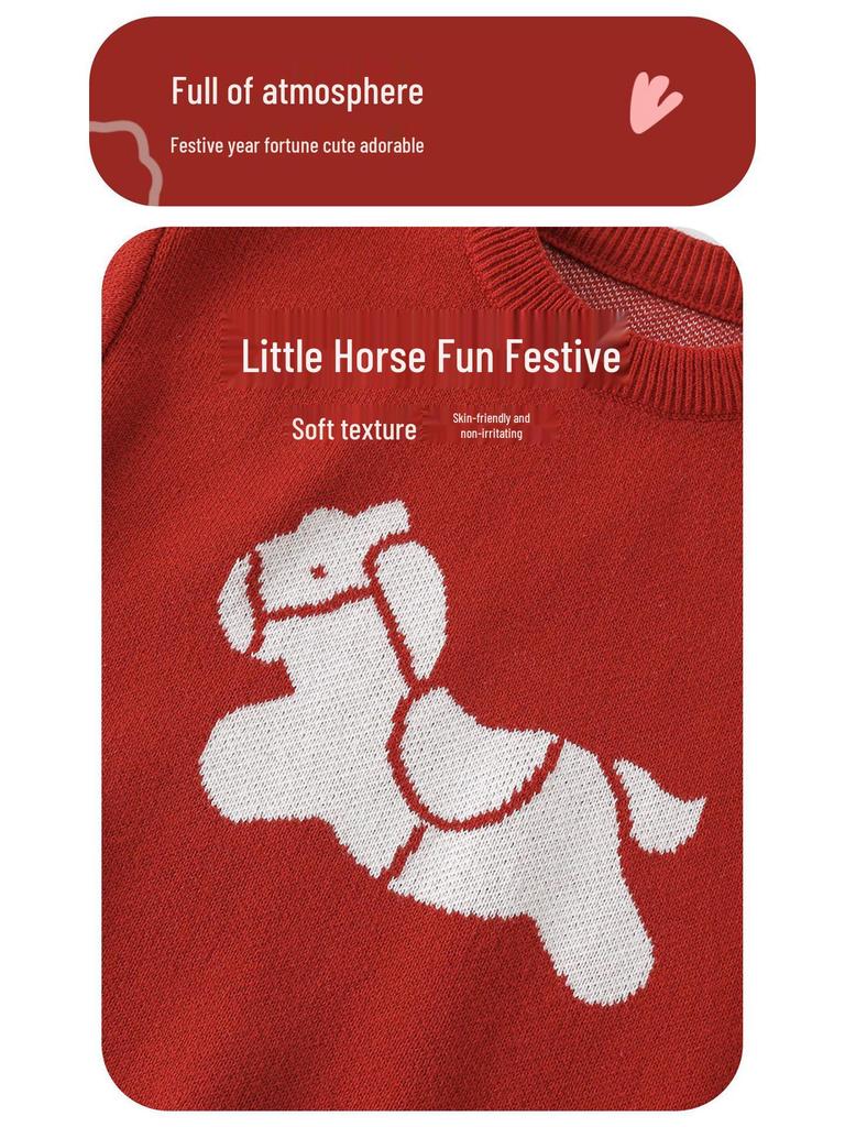 2026 Year of the Horse Red Jacquard Sweater: Unisex Baby Pullover for Christmas & New Year Celebrations
