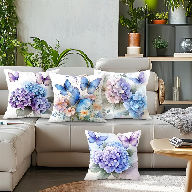 Home Decor Butterflies & Hydrangeas Floral-Printed Pillow Covers Pattern Cushion Cover Suitable for Sofa Bedroom Car Pillow
