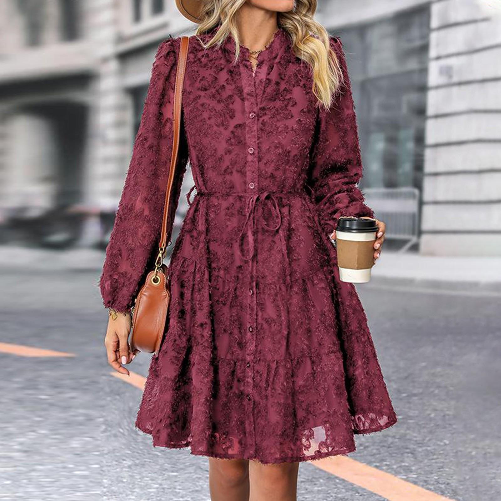 

Женское повседневное и модное лоскутное однотонное платье на пуговицах с длинными рукавами XL винный