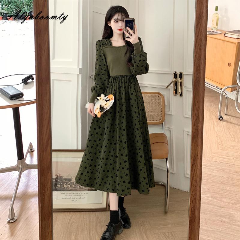 

Осень Зима Элегантная Мода Большой Размер Женское Миди Платье Квадратный Вырез Черное Темно-зеленое Цветочное Вязаное Вельветовое Платье Повседневное Свободное Винтажное Платье 4XL зелёный