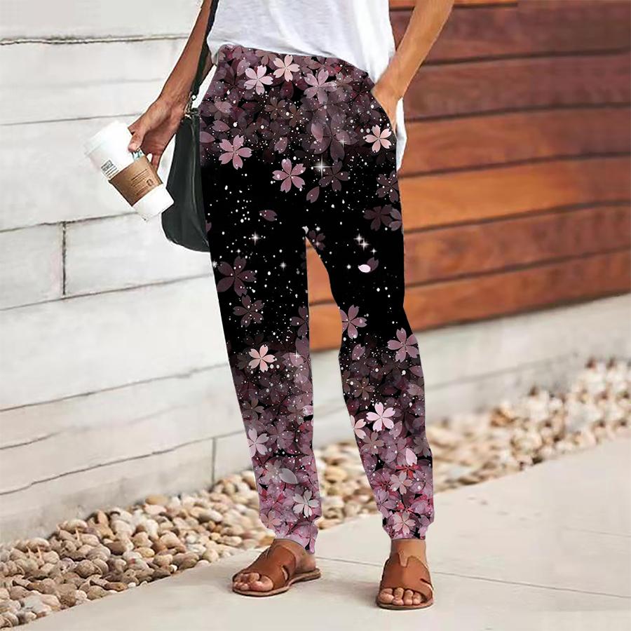 Women Flower Printing Pants Lace Up Elastic Waist Loose  Trousers Casual Long Pants Trousers with Pockets