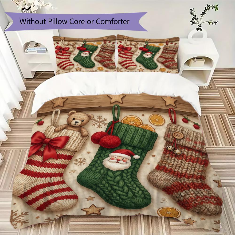 Stockings Ornaments Pattern Bedding uilt Set uilt Cover Pillowcase Home Decoration Birthday Gift (1 * duvet cover + 2 * pillowcase without core)_XIA