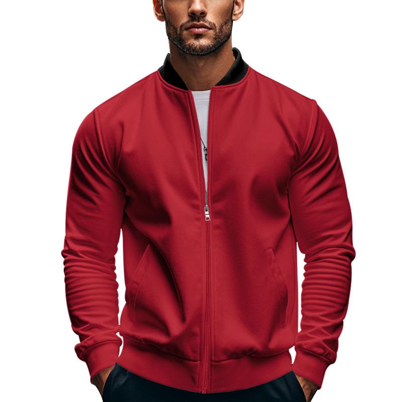 Spring and Autumn Men's Stand Collar Jacket Solid Color Leisure Sports Long Sleeve Zipper Coat Straight Tube Large Size