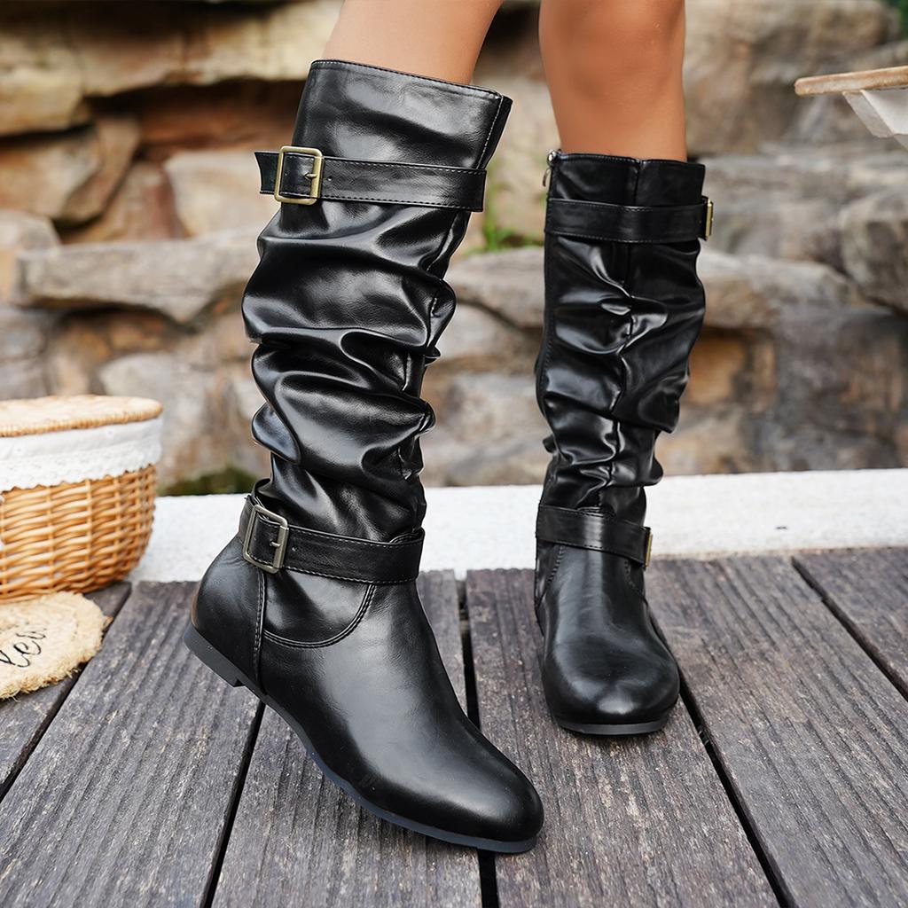 Fashion Women Flat Boots Brand Designer High Boots Autumn Winter Slip On Mid-Calf Shoes for Women Fashion Pleated Leather Ankle Boots