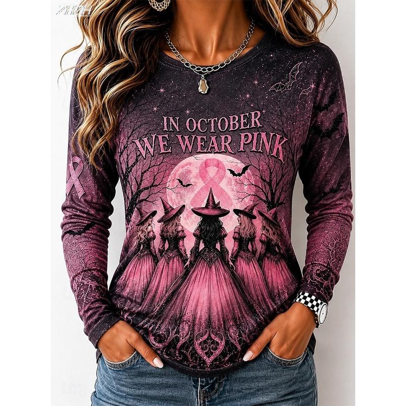 Women Halloween Full Bat Print Long Sleeve T‑Shirt Crew Neck Casual Gothic Fall Party Graphic Top