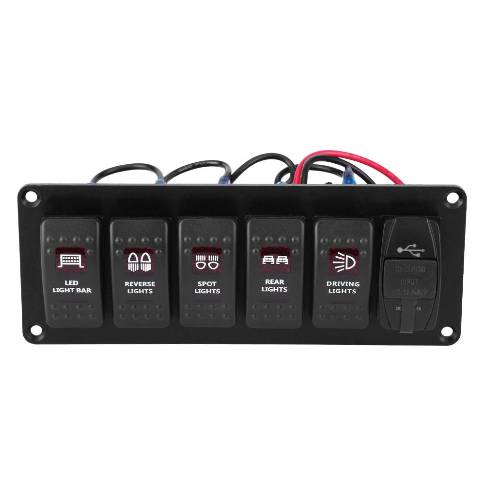 12V-24V 6 Gang Red LED Rocker Switch Panel with 3.1A Dual USB for Car RV Boat Yacht Marine