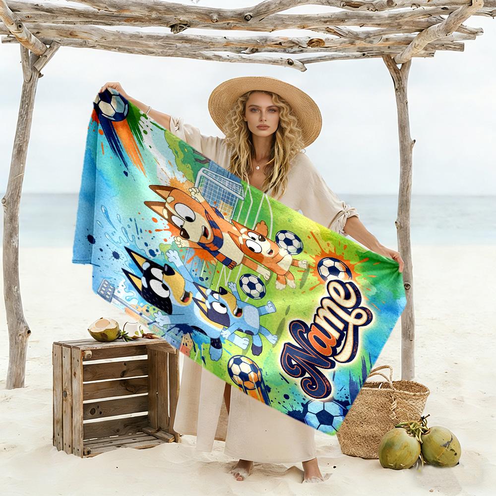 Soccer Fun Bluey Personalized Name Beach Towel Super Soft & Absorbent Ideal for Travel Outdoor Swim Pool Yoga Surf Camping Hiking Gym Gift Holiday