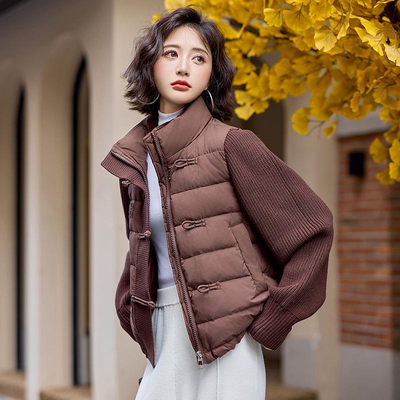 

Korean Style Women s Wool Sleeve Patchwork Down Jacket - Fashionable Winter Stand Collar Coat L 50-55 kg чорний