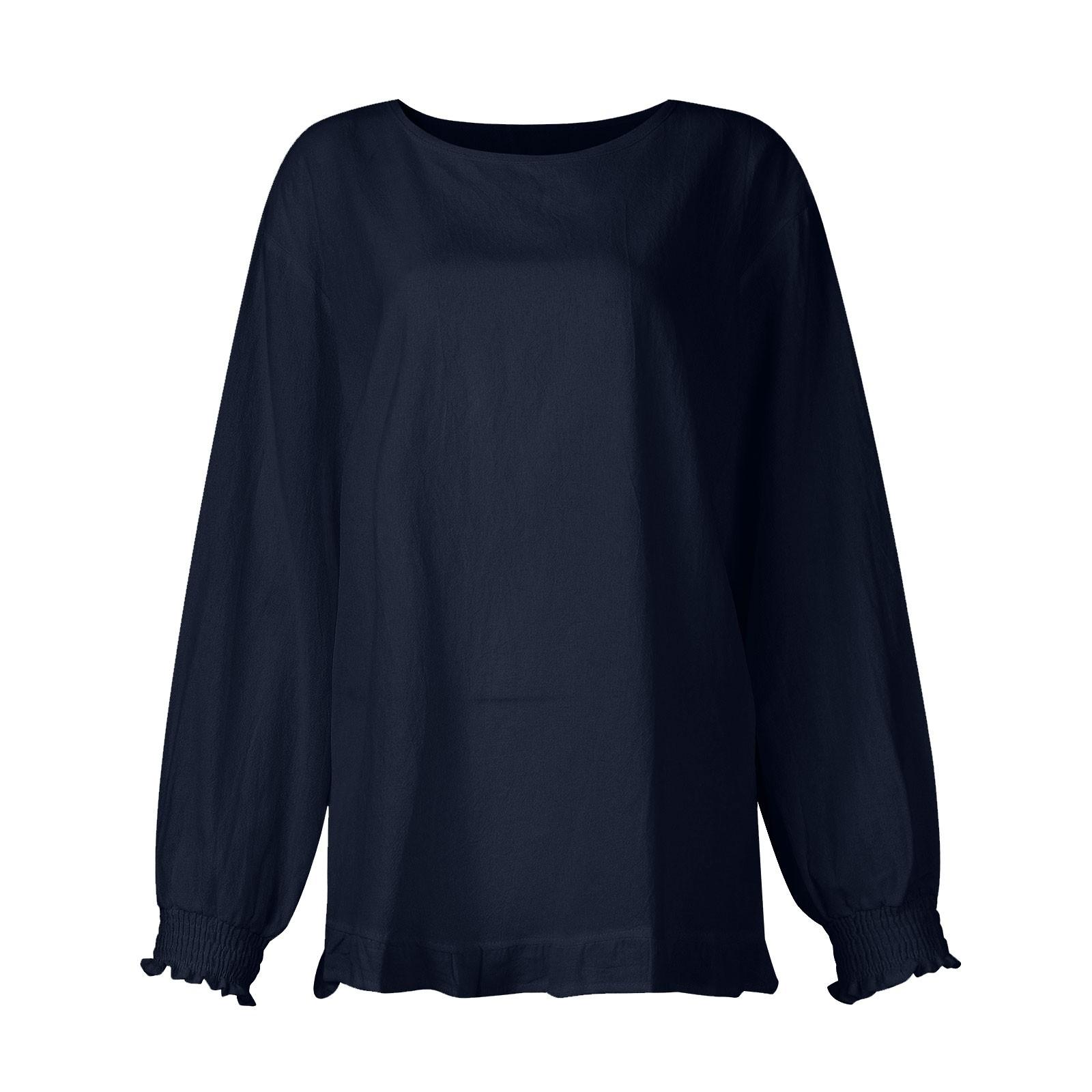 Женская хлопково-льняная однотонная свободная рубашка с круглым вырезом и длинными — фото 4