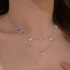 Silver  Inlaid Colorful Diamond Butterfly Double-layer Pearl Necklace for Women Exquisite Collar Chain Wedding