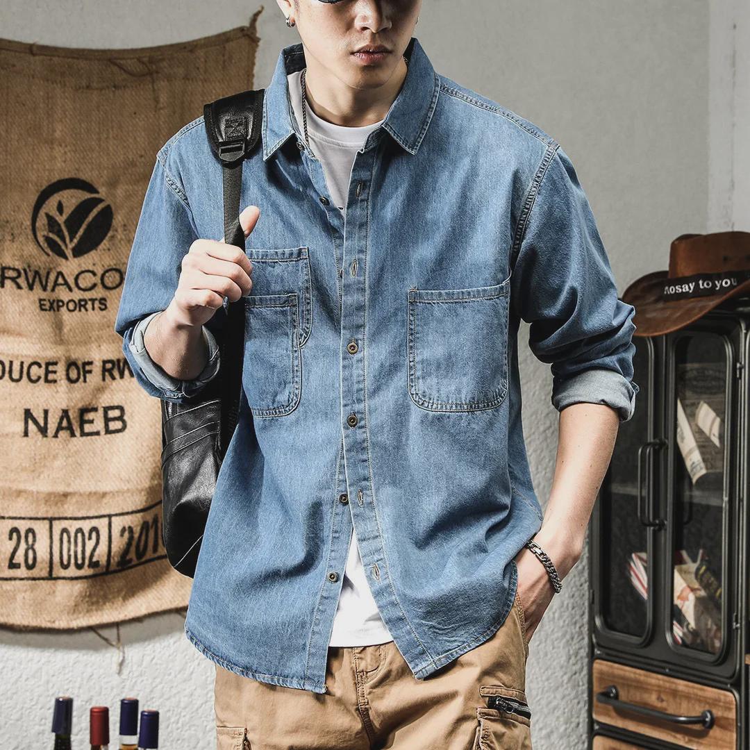 

Men s Trendy American Retro Long-Sleeve Denim Workwear Shirt Jacket XL светло-синий