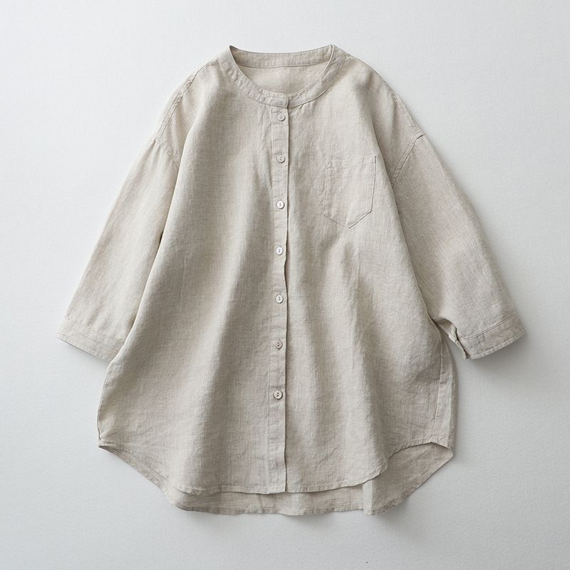 Japanese Cotton and Linen Shirt Women's Solid Color Versatile Casual Round Neck Seven Quarter Sleeved Shirt