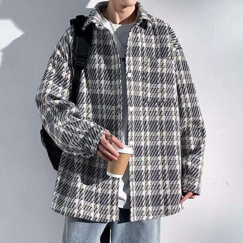 Autumn Men's Trendy Knit Plaid Jacket - Versatile, Fashionable, Loose Fit with Couple Lapel Style