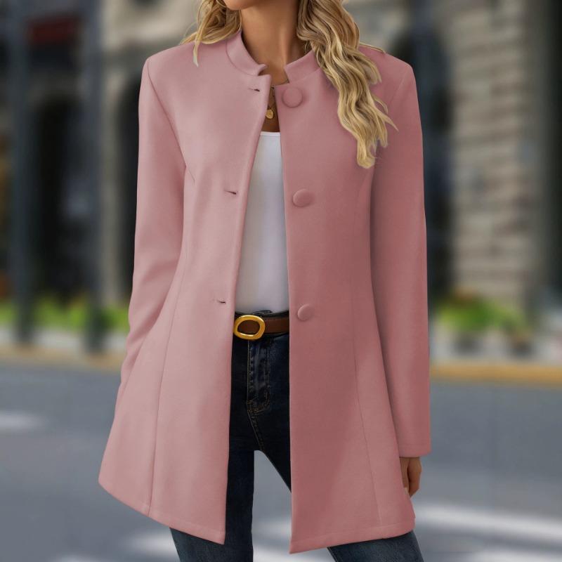 Women S Casual Stand Collar Mid Length Woolen Coat For Daily Wear