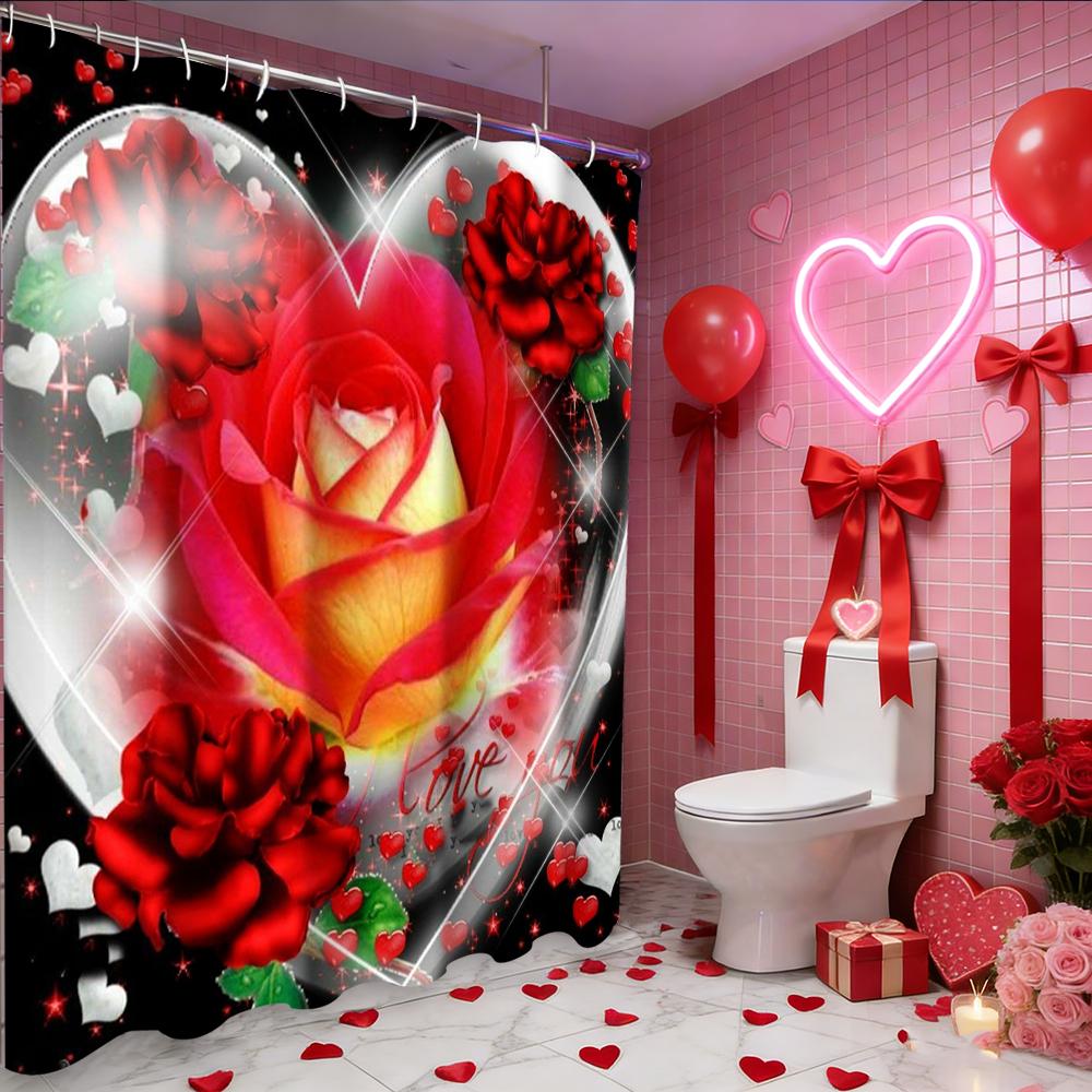 Valentine's Day Love Heart Rose shower curtain, bathroom shower waterproof curtain with 12 hooks, fish shaped home decoration