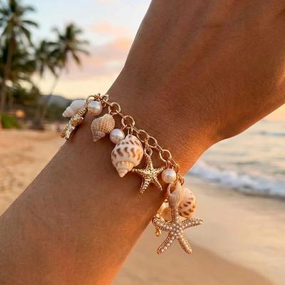 Bohemia Gold Color Metal Starfish Conch Charm Bracelet For Women Exquisite Imitation Pearl Chain Bracelet Summer Beach Jewelry