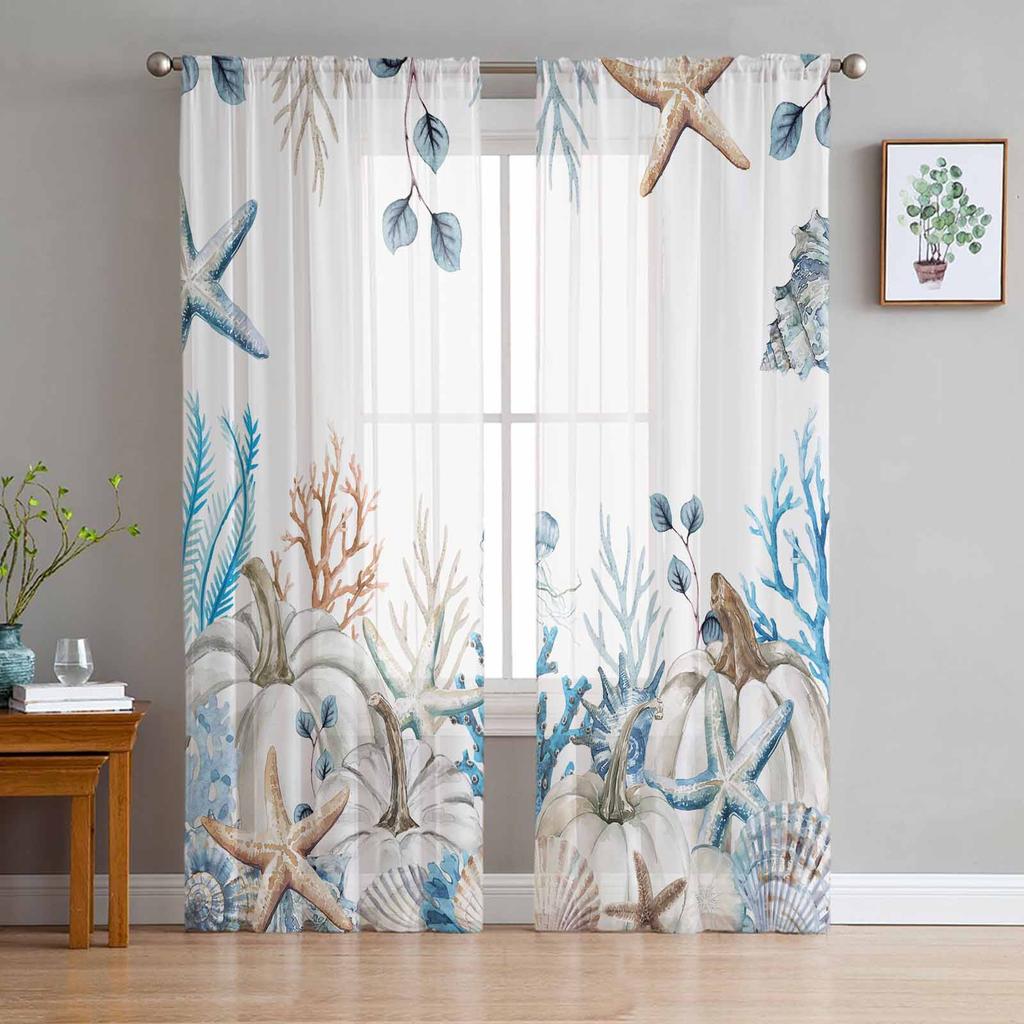 Mediterranean Lighthouse Starfish Tulle Curtains For Living Room Bedroom Kitchen Decoration Chiffon Sheer Voile Window Curtains