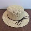 Women's Straw Sun Hat Breathable Flat Top Summer Sun Cap with Brown Ribbon Bow UV Protection Beach Hat for Outdoor Travel