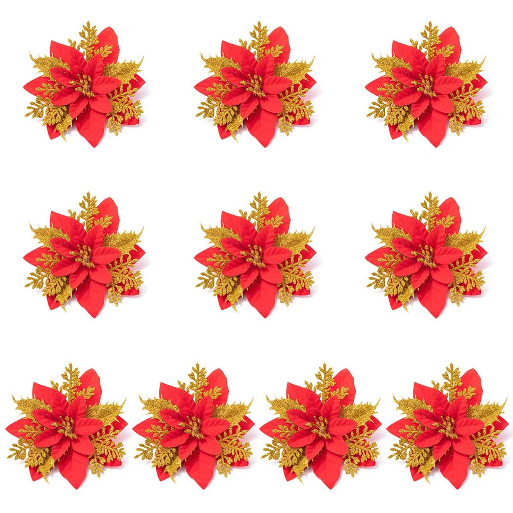 10pcs Glitter Artificial Poinsettia Flower Christmas Decorations for XmasTree Wreath Ornament Wedding Home New Year Gift