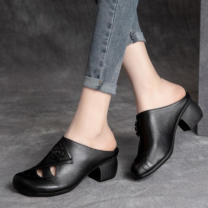 Fashion New Retro Women Slippers Soft Shoes Close Toe High Heels Slides Black Mules Flip Flops for Summer Medium Heel Slides