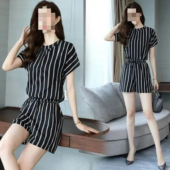 Summer 2026 Women's Striped Casual Two-Piece: Loose Short Sleeve Top & Shorts