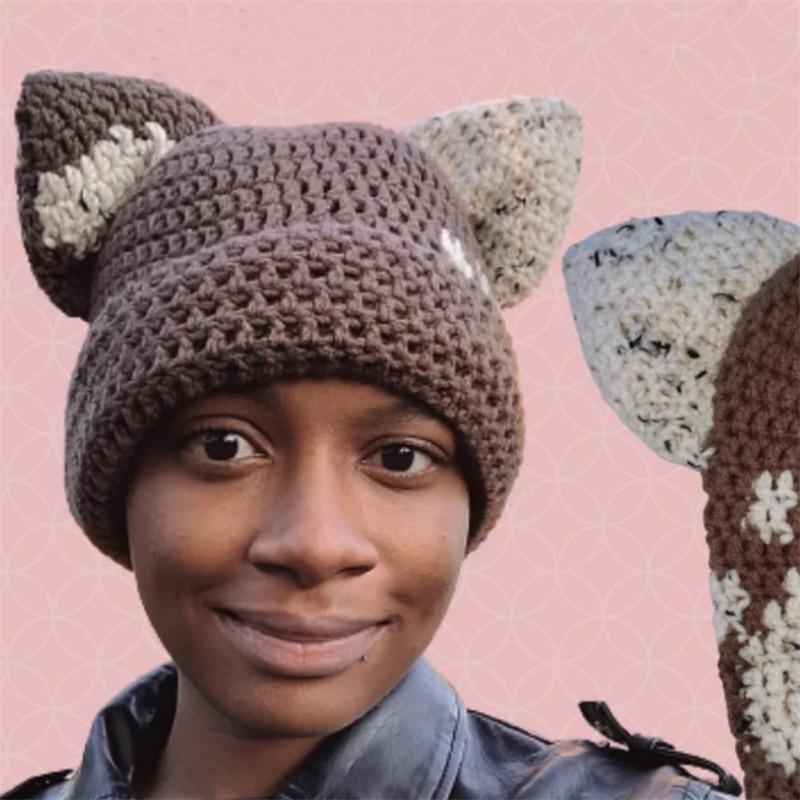 New Handmade Crocheted Vertical Striped Tassel Line Cat Ear Hat, Personalized and Fashionable Adult Hat