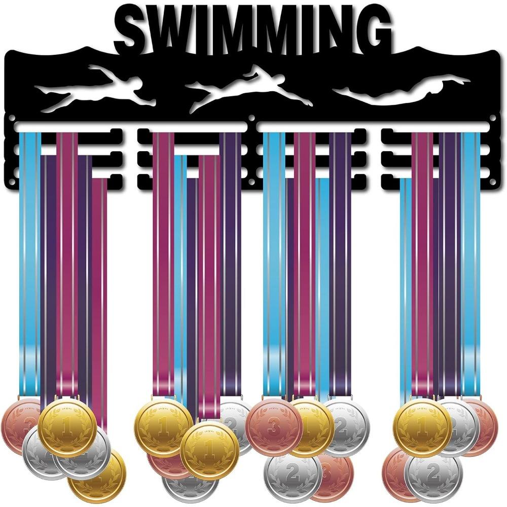 Metal Medal Display Rack Wall Mounted Holder Heavy Duty 20 Hooks for Sports Marathon Race Swimming Award Organizer Black 40x11cm