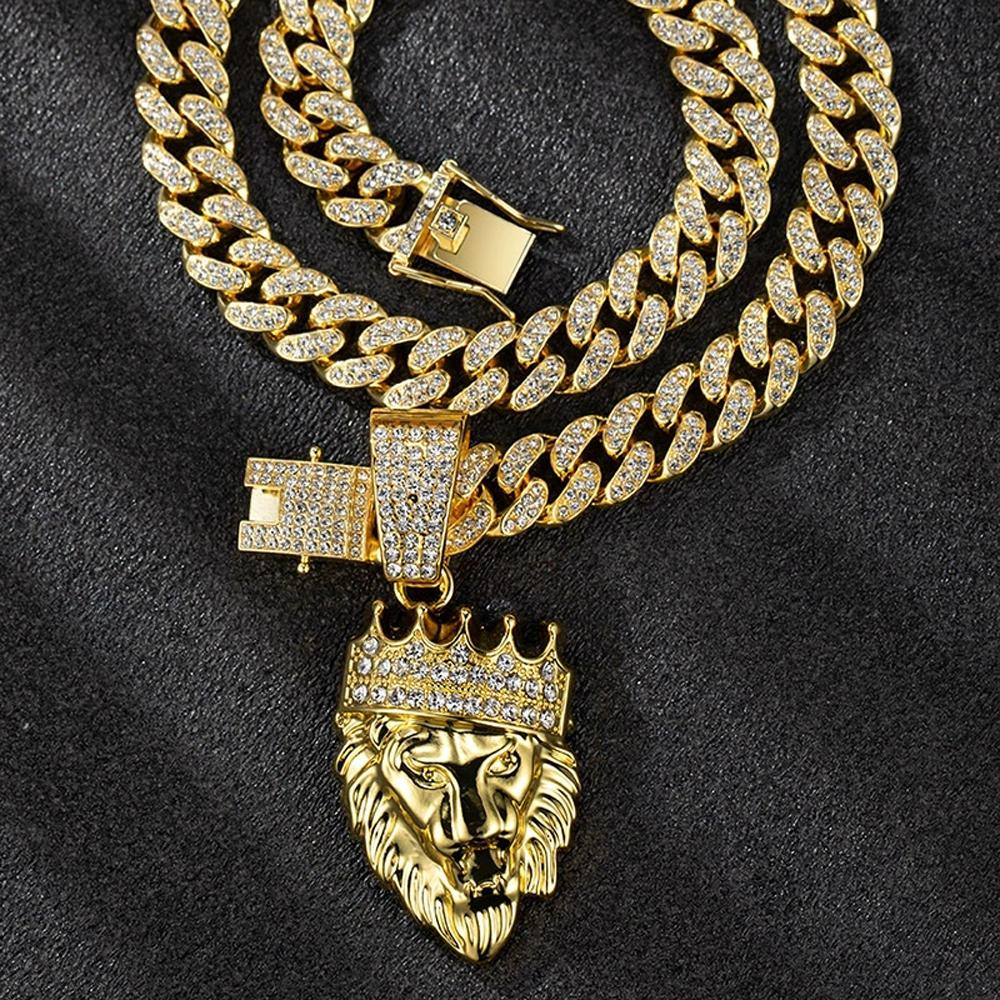 Men's Hip Hop 3D Crown Lion Head Pendant Necklace, with 13mm Cuban Chain  Animal Lion Head Rock Necklaces Fashion Punk Jewelry