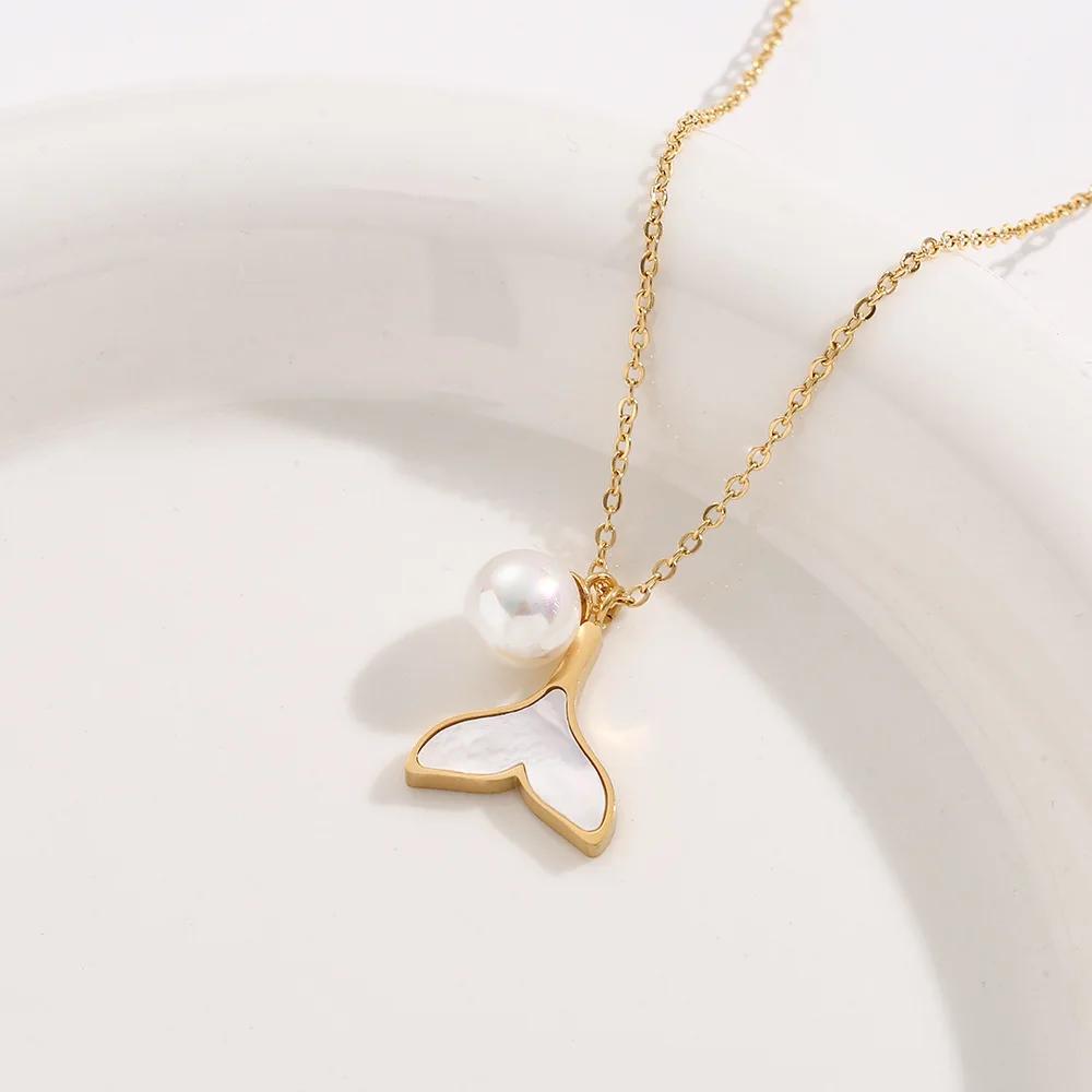 

Temperament Mermaid Tail Pearl Pendant Necklace for Women Charm Fashion Gold Color Stainless Steel Bride Collar Jewelry Gift золотой