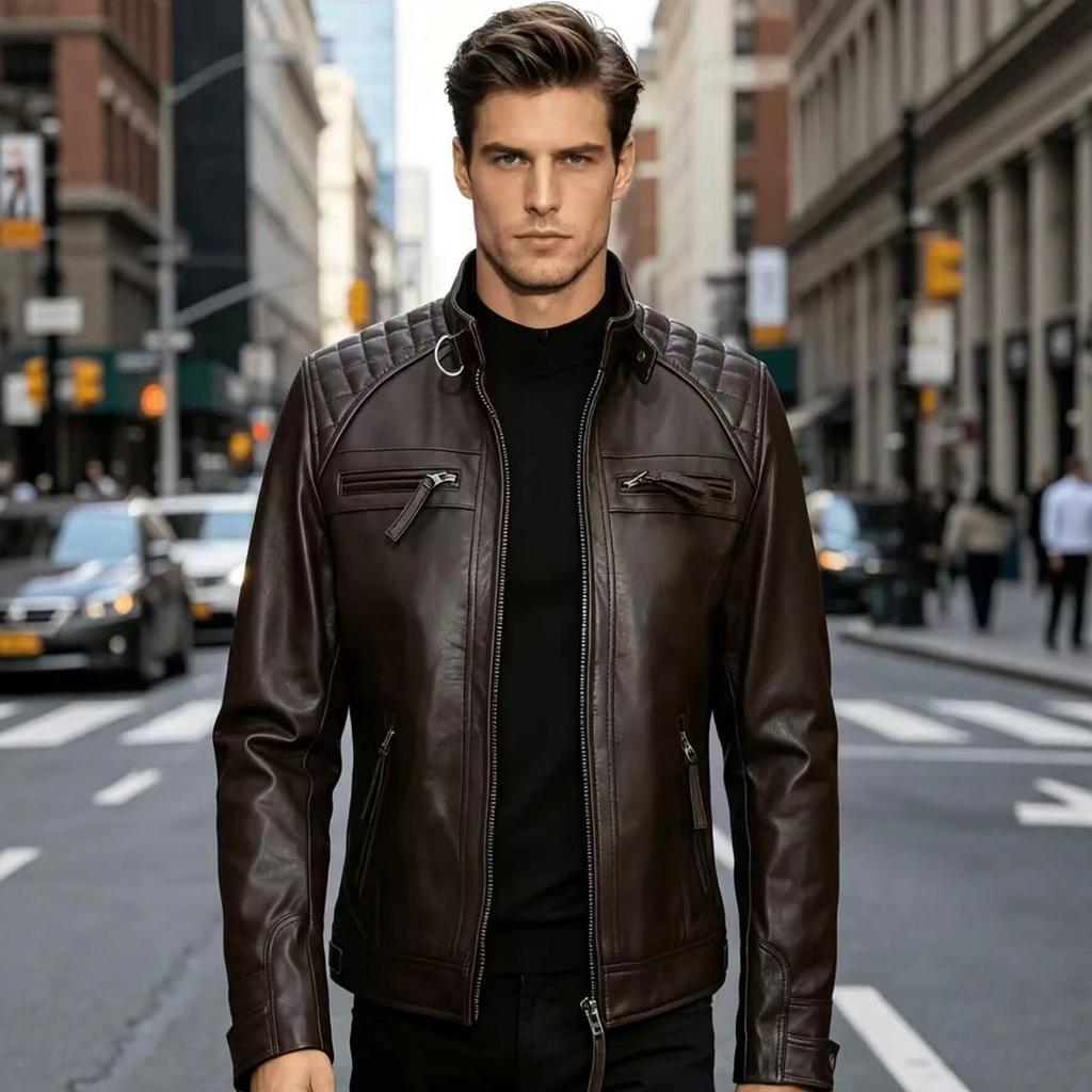 New men's stand-up collar PU leather jacket motorcycle jacket slim casual jacket trendy leather jacket