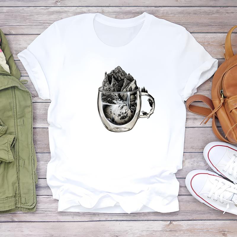 Letní dámské tričko, denní trendy móda, roztomilé potisky s krátkým rukávem.