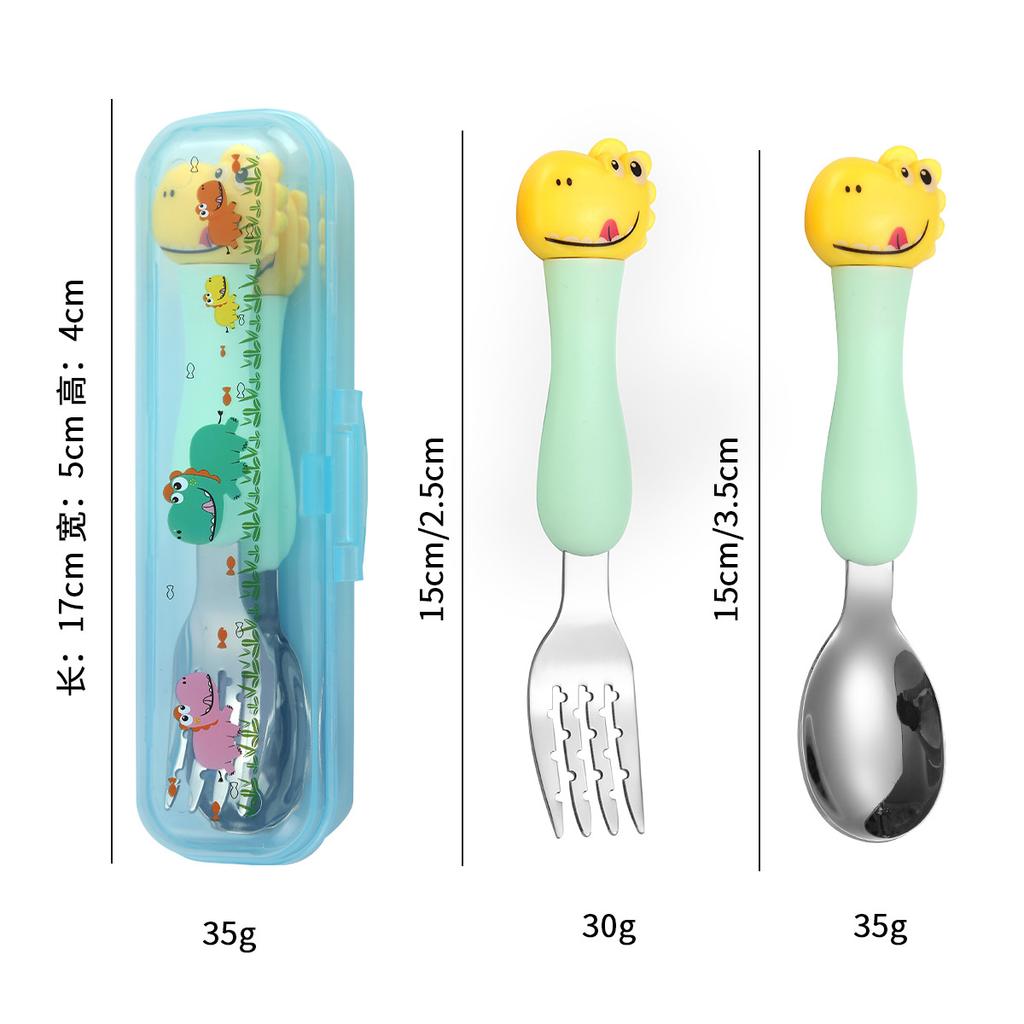 304 Stainless Steel Dinosaur Baby Children's Portable Tableware Cartoon Spoon Fork Learning Training Chopsticks Fork Spoon Set